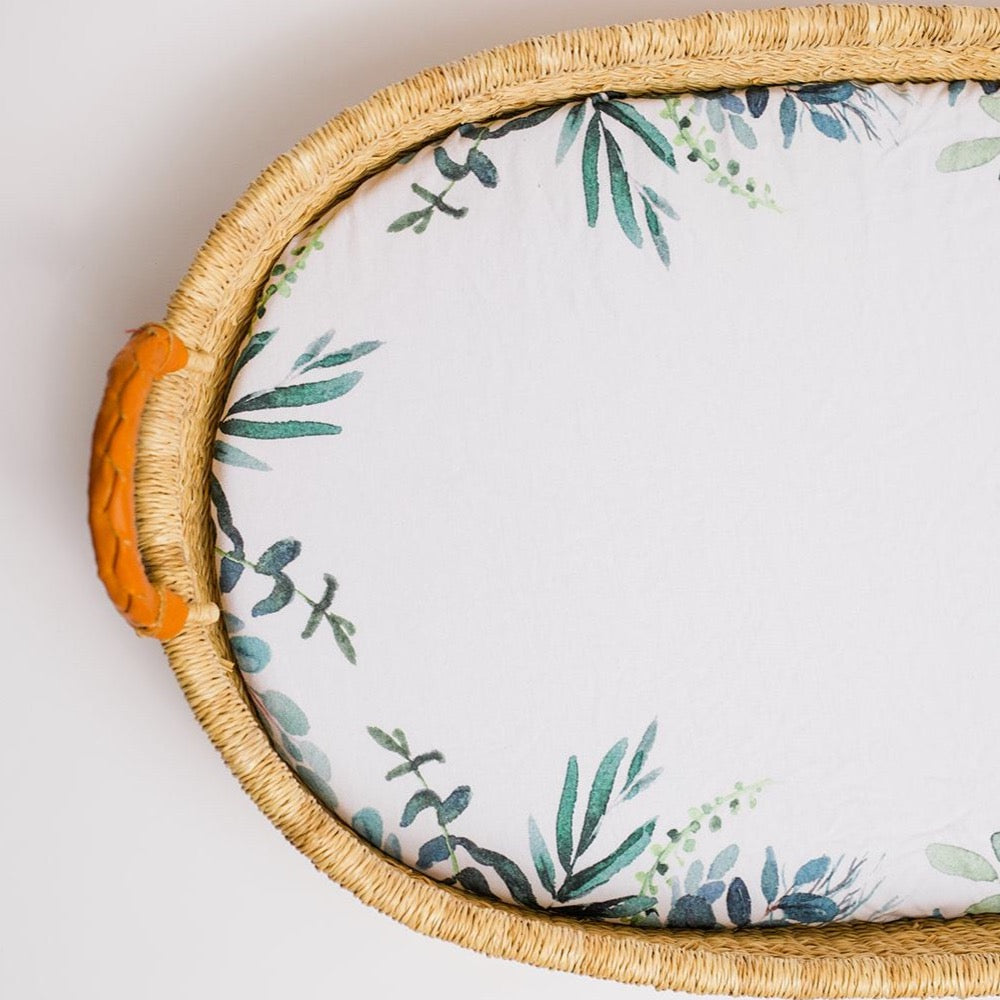 Leafy Border Gender Neutral Changing Pad Cover Green and White Cotton