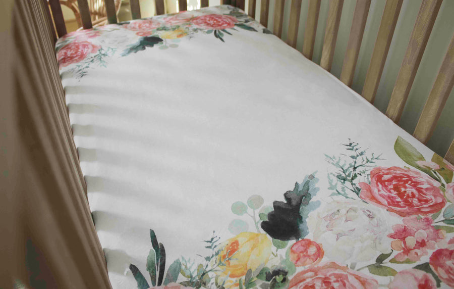 Pink Floral Border Fitted Crib Sheet
